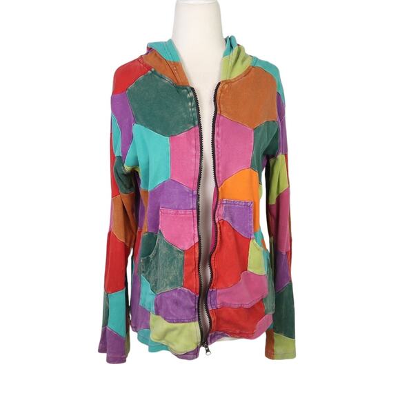 The Collection Royal multicolor hexagon patchwork zip front hooded sweatshirt M - Picture 1 of 6